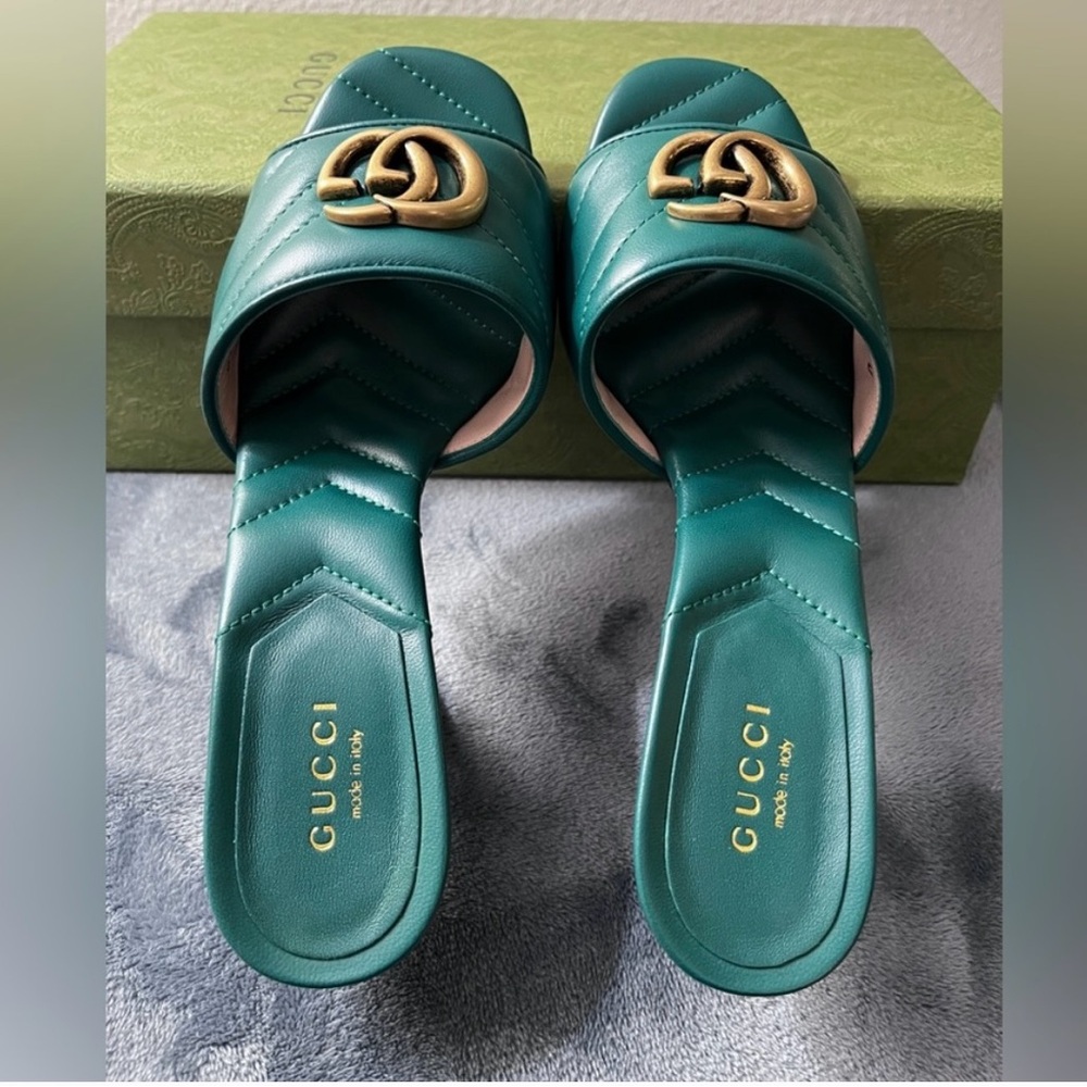 Brand New Gucci women’s GG Marmot Matelasse Heels Green leather size 35,5 - Picture 3 of 8